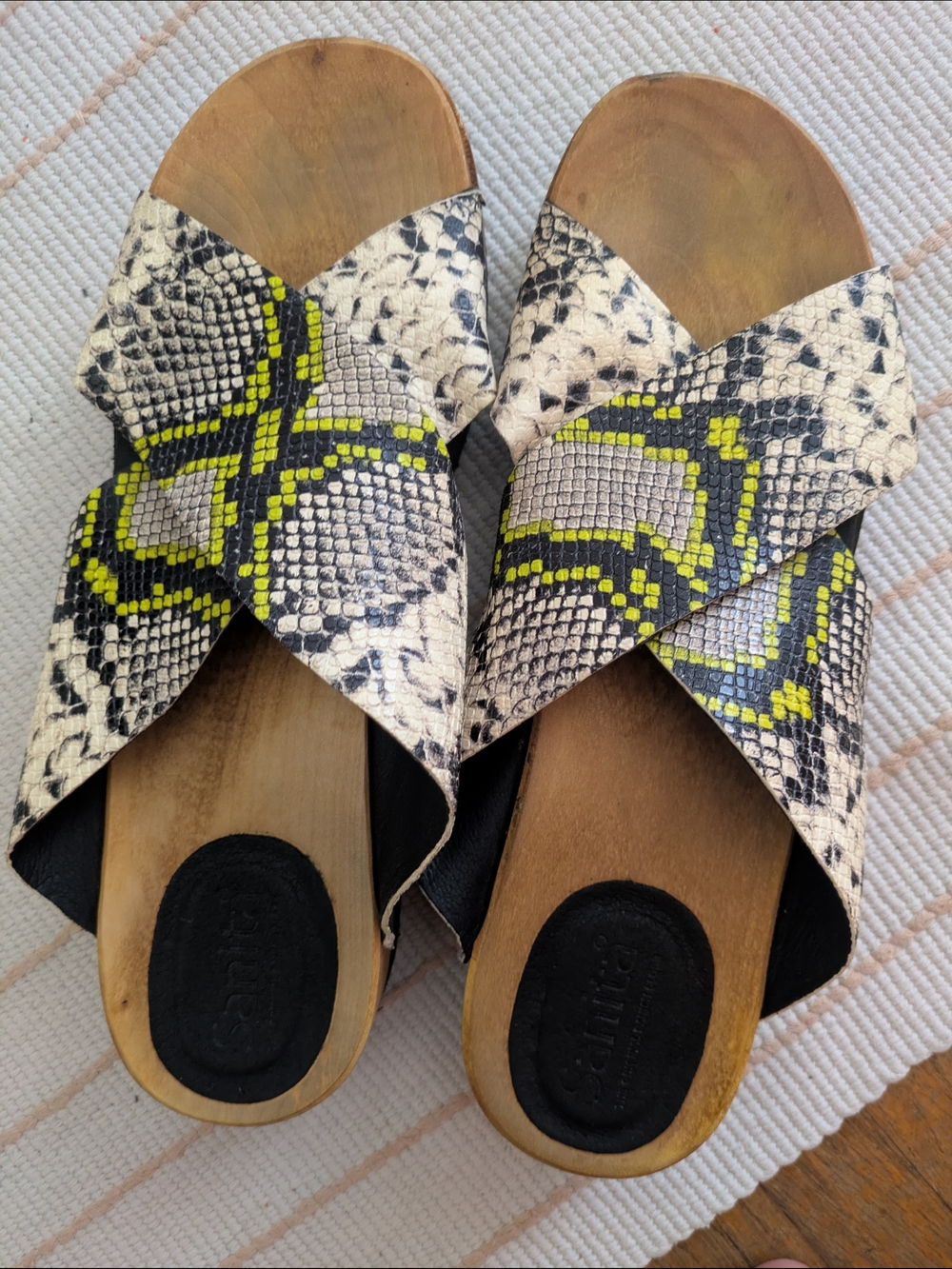 Sanita Snake-Print Cross-Strap Sandals with Neon Yellow Accent 10.5 Womens